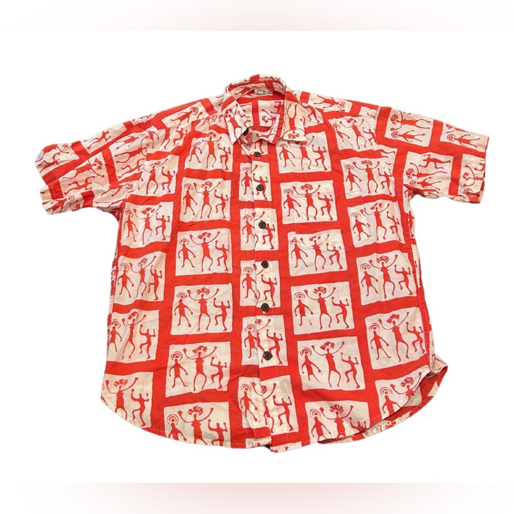 Boho Boogie Print Button Down Short Sleeve Shirt | Size L | Red/White